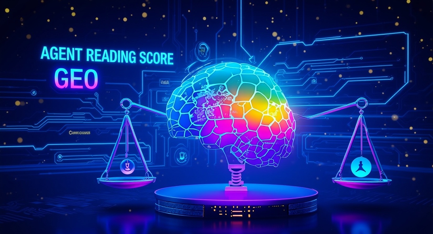 Agent Reading Score GEO: futuristic AI technology visualization with glowing neon elements, digital brain or neural network, geographic map overlay with data points, holographic interface elements, vibrant gradien