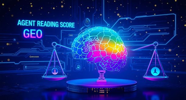 Agent Reading Score GEO: futuristic AI technology visualization with glowing neon elements, digital brain or neural network, geographic map overlay with data points, holographic interface elements, vibrant gradien